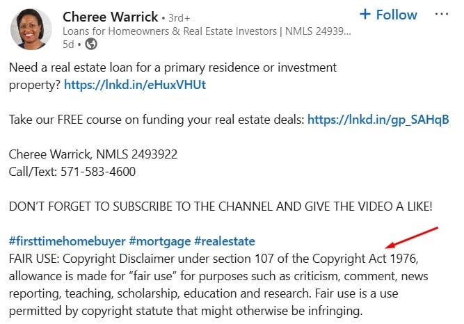 Cheree Warrick LinkedIn page disclaimer
