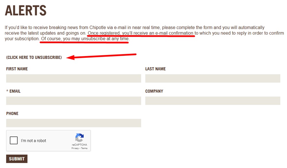 Chipotle Alerts sign-up form