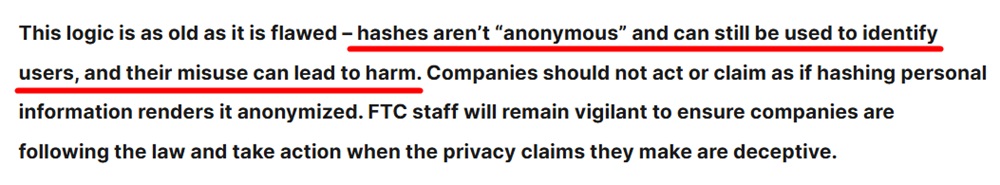 FTC Data hashing anonymous excerpt
