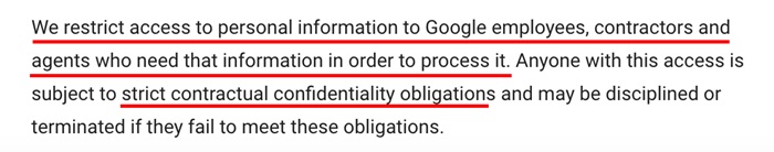 Google Privacy Policy restrict access clause