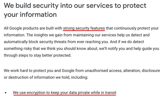 Google Privacy Policy security clause