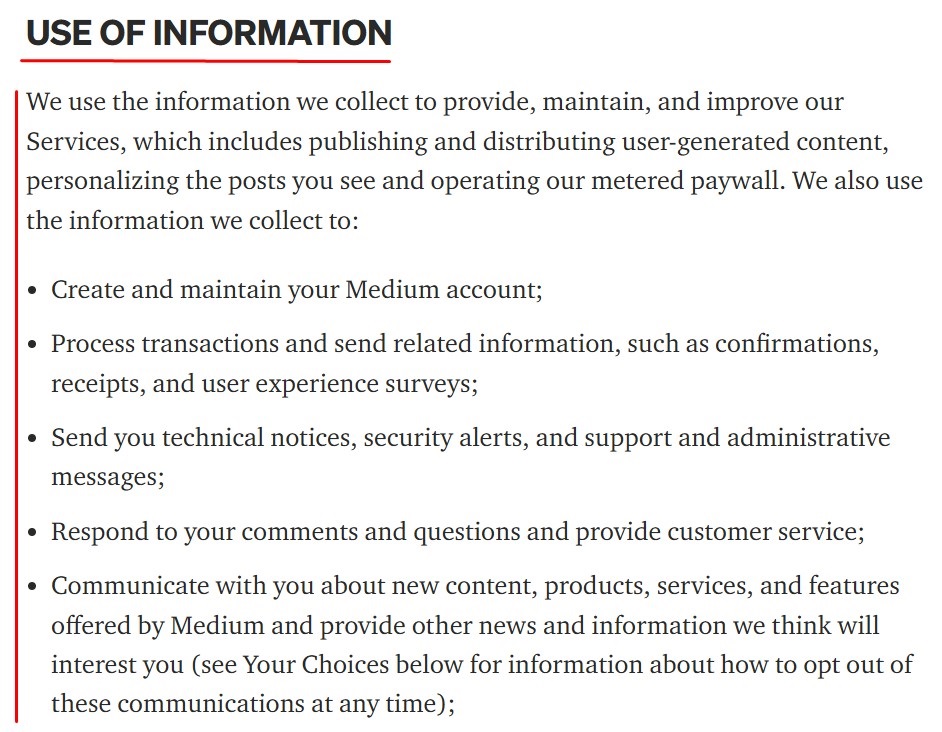 Medium Privacy Policy information used clause