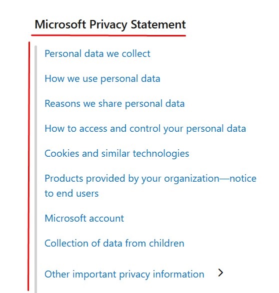 Microsoft Privacy Policy table of contents