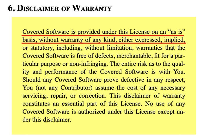 Mozilla Public License warranty disclaimer section