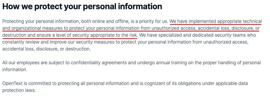 OpenText Privacy Policy security clause