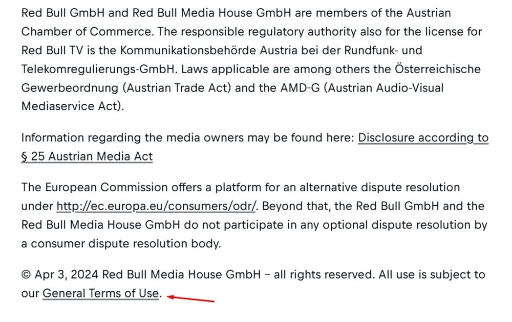 Red Bull Impressum Terms of Use link