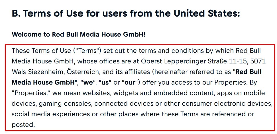 Red Bull Terms of Use intro section
