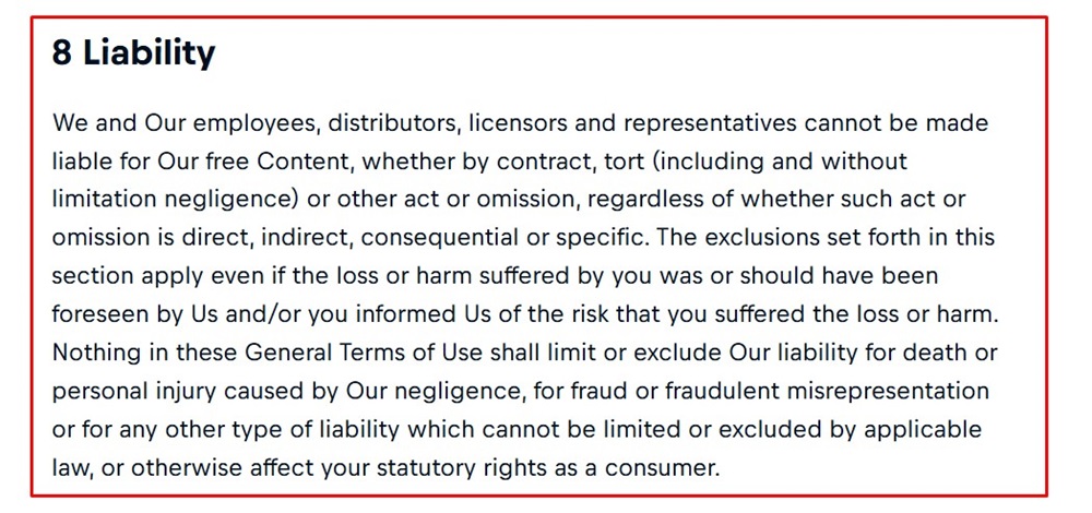 Red Bull Terms of Use Liability clause