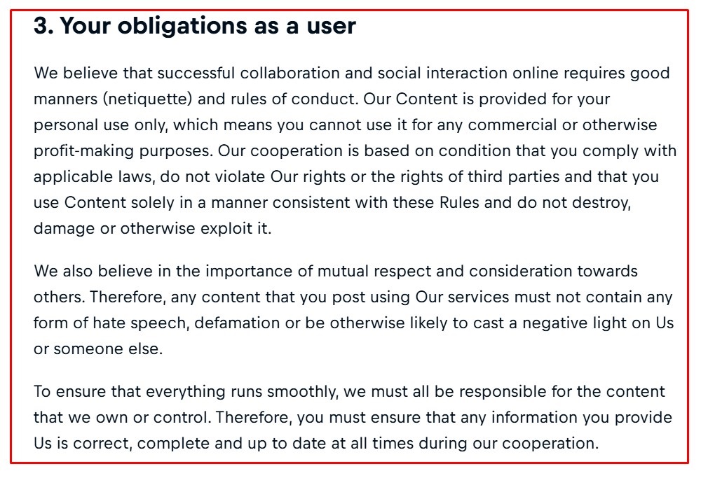 Red Bull Terms of Use User Obligations clause
