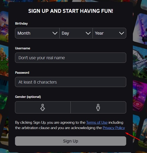 Roblox sign-up form