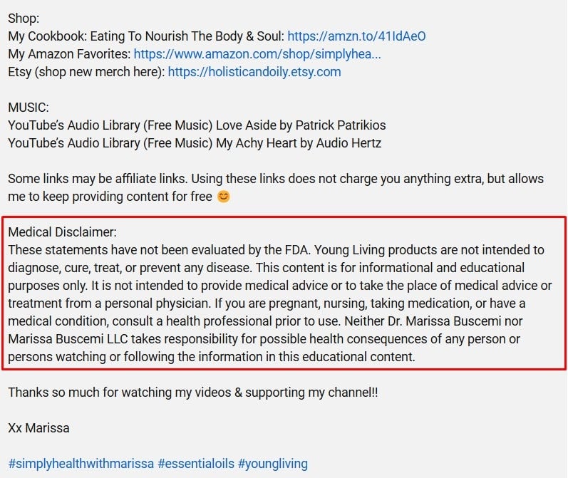 Simply Health with Marissa YouTube medical disclaimer