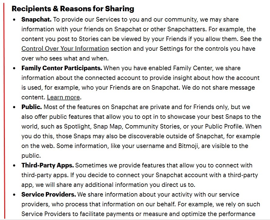 Snap Privacy Policy reasons for sharing clause