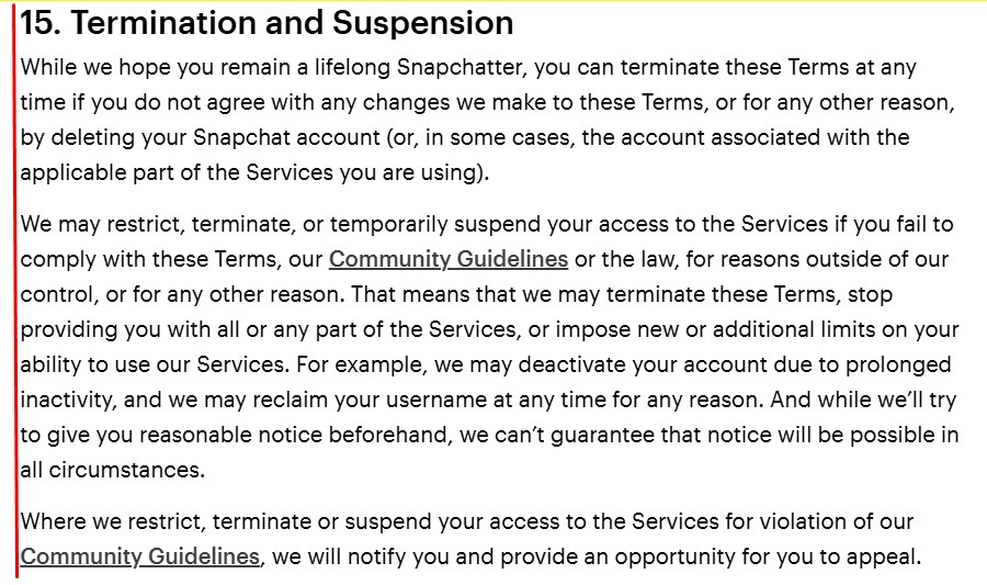 Snap Terms of Service Termination clause
