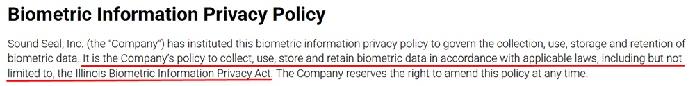 Sound Seal Privacy Policy biometric clause