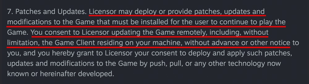 Steam EULA patches and updates clause