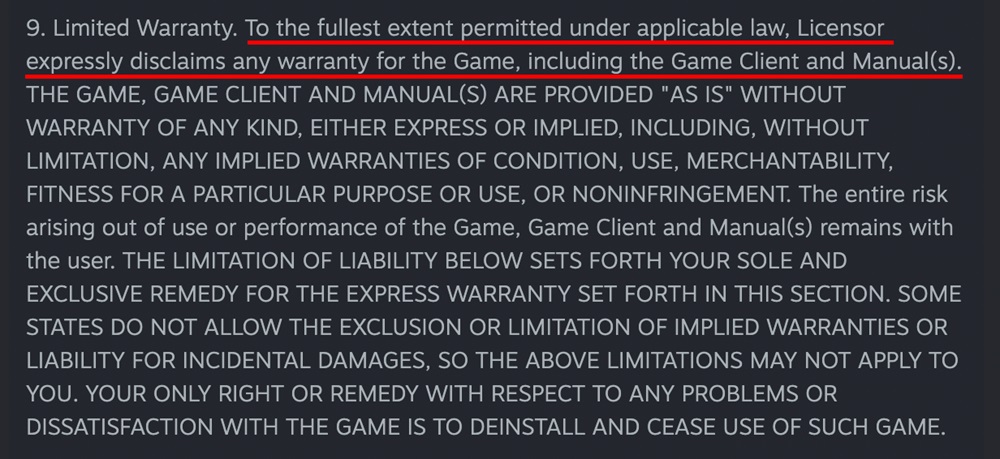 Steam EULA warranty clause