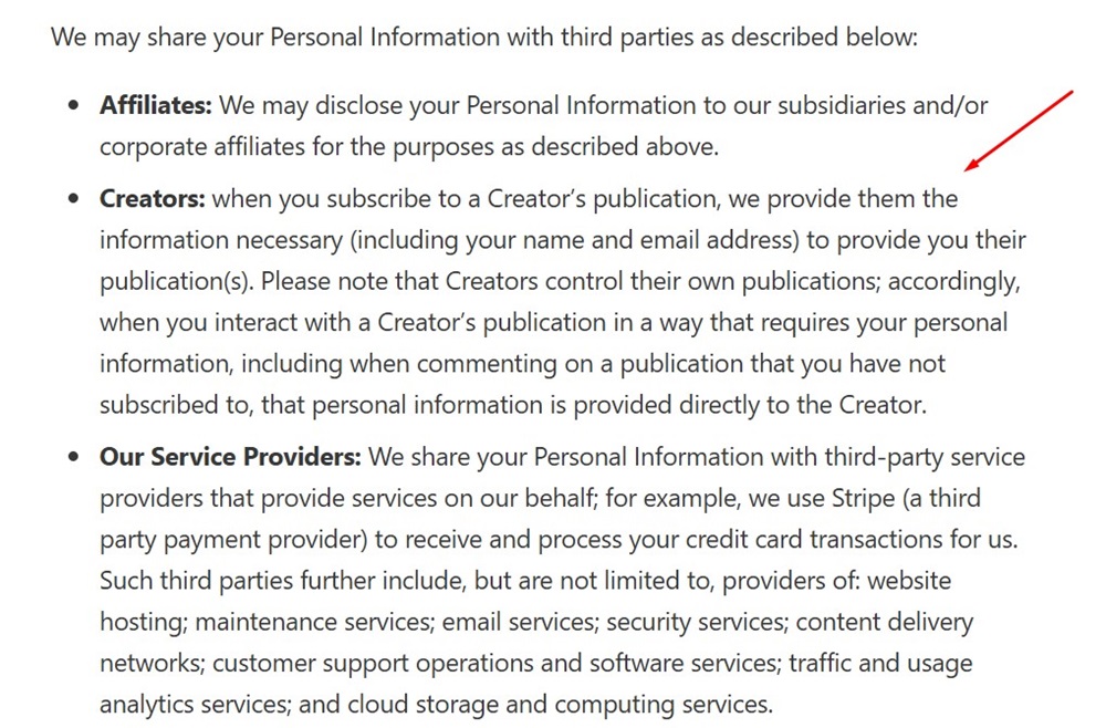 Substack Privacy Policy share information clause
