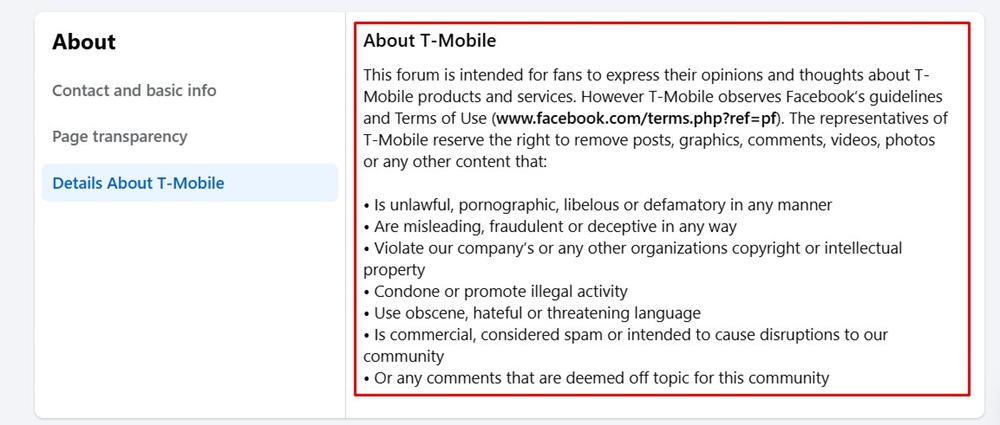 T Mobile Facebook page About section