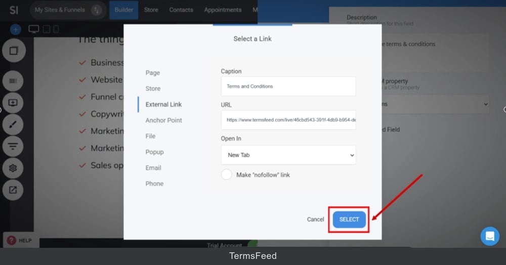 TermsFeed Simvoly - Builder menu - Contact Us page - Accept Terms field added - adjust settings - Terms and Conditions Link - External - Pasted - Select