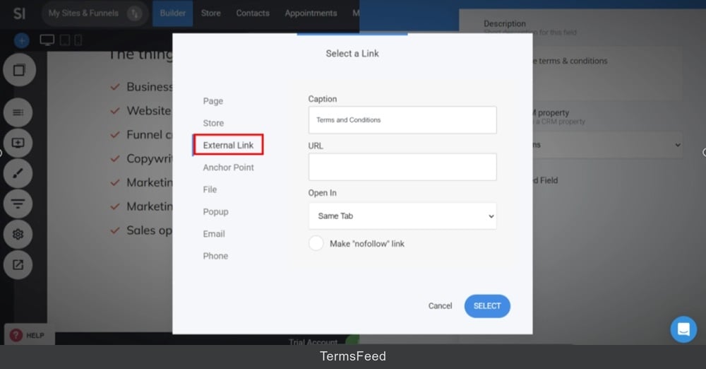 TermsFeed Simvoly - Builder menu - Contact Us page - Accept Terms field added - adjust settings - Terms and Conditions Link - External
