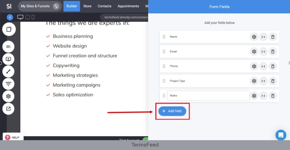 TermsFeed Simvoly - Builder menu - Contact Us page - double-click to open Form Fields and click the Add Field button