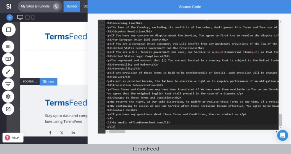 TermsFeed Simvoly - Builder - Empty page - Add Widget - Code selected - drag and drop which opens the Source code editor - Terms and Conditions HTML pasted