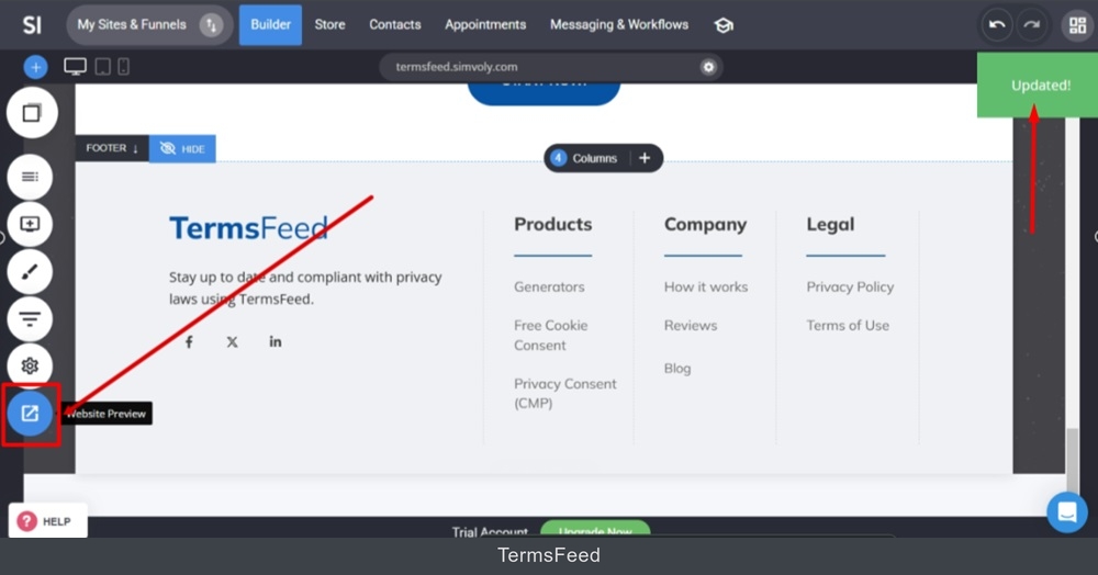 TermsFeed Simvoly - Builder - Home page - Footer - Terms and Conditions - Link added - Saved - Updated - Go to Website Preview