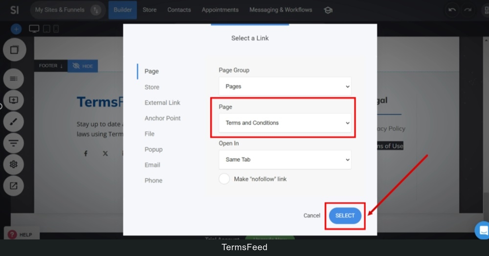 TermsFeed Simvoly - Builder - Home page - Footer - Terms and Conditions - Select Link window - Select button