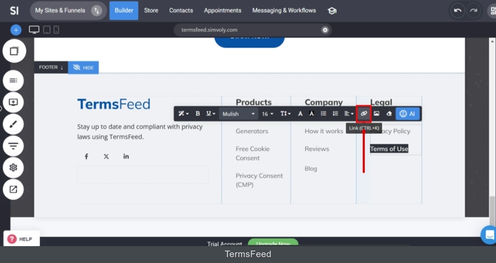TermsFeed Simvoly - Builder - Home page - Footer - Terms and Conditions text selected and Link icon highlighted