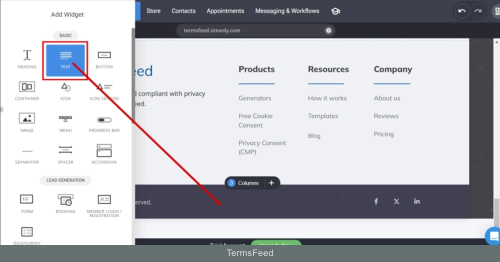 TermsFeed Simvoly - Builder menu - Add Widgets - Text selected - drag and drop