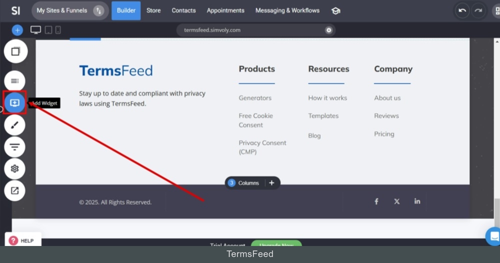 TermsFeed Simvoly - Builder menu - Add Widgets selected
