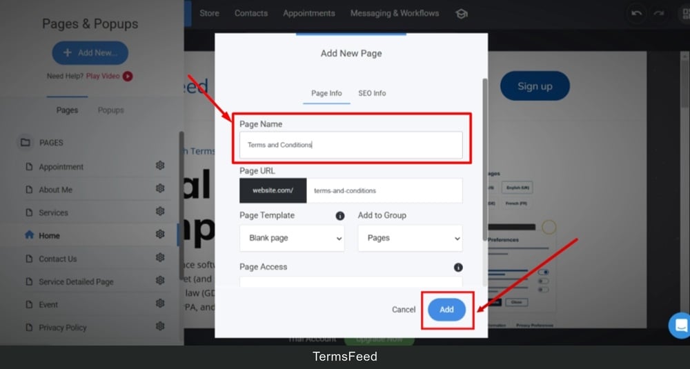 TermsFeed Simvoly - Builder - Pages - Add New Page - Empty page selected - Type Terms and Conditions in the Page Name field and click Add