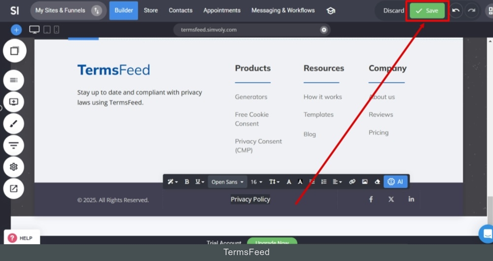 TermsFeed Simvoly - Builder menu - Text widget editor - Privacy Policy - Linked - Save