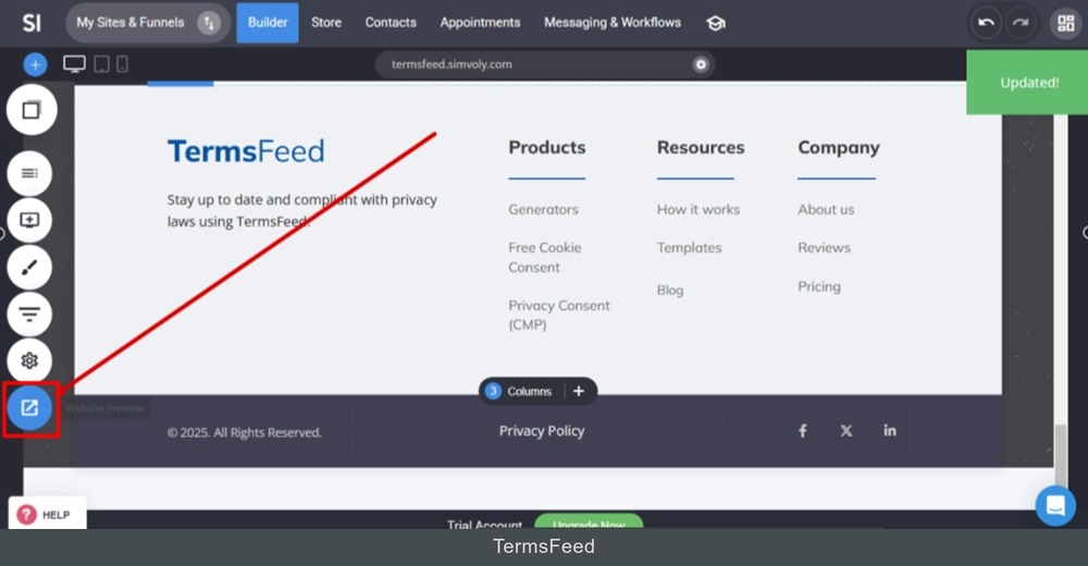 TermsFeed Simvoly - Builder menu - Text widget editor - Privacy Policy - Linked - Saved - Website Preview
