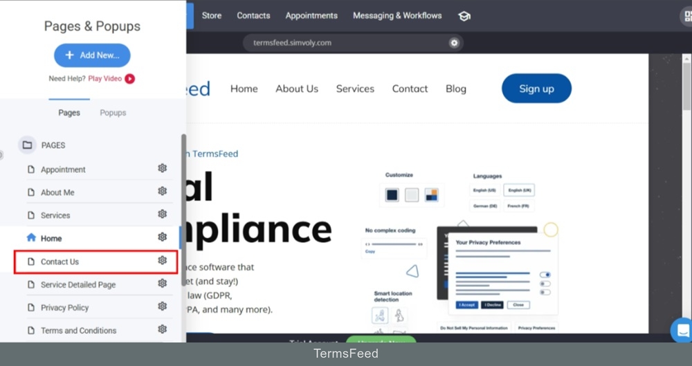 TermsFeed Simvoly - Builder menu - Switch to the Contact Us page