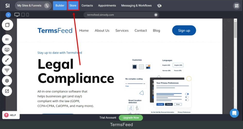 TermsFeed Simvoly - Builder - Switch to the Store menu