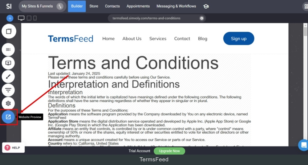 TermsFeed Simvoly - Builder - Terms and Conditions HTML pasted - Save - reloaded - website preview