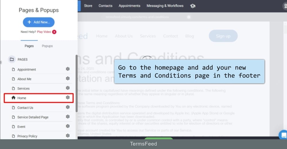 TermsFeed Simvoly - Builder - Terms and Conditions - page - Home page selected