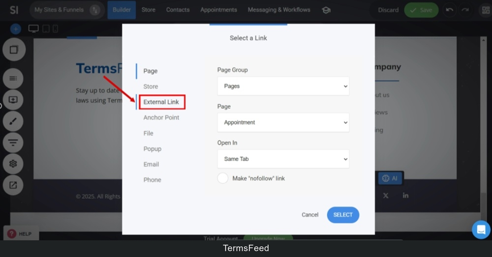 TermsFeed Simvoly - Builder menu - Text widget editor - Add a Link - Switch to the External