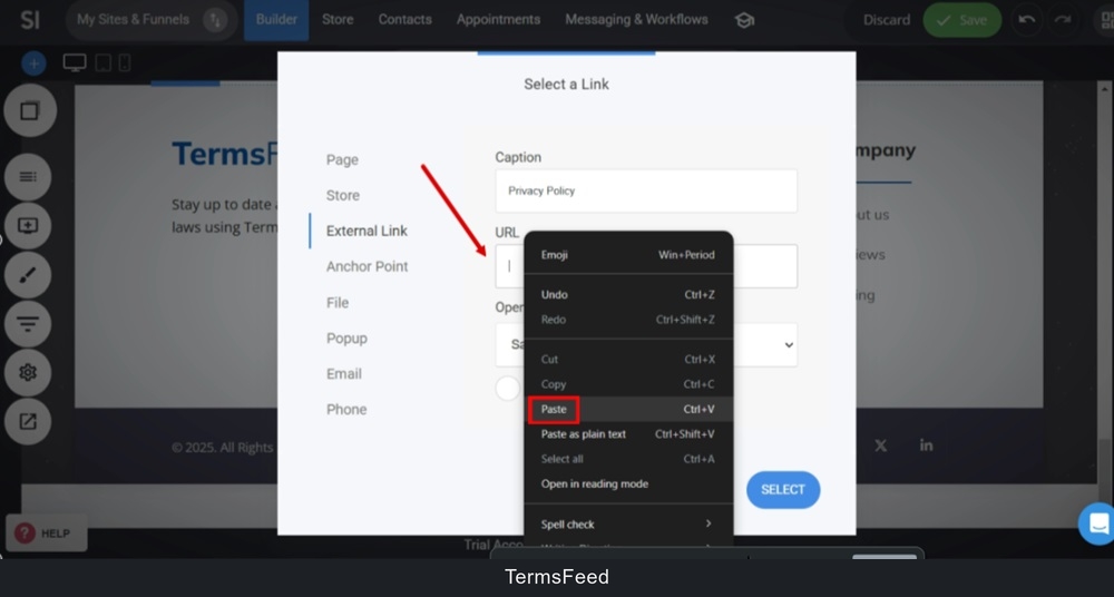 TermsFeed Simvoly - Builder menu - Text widget editor - Privacy Policy - Link - External - URL field - paste
