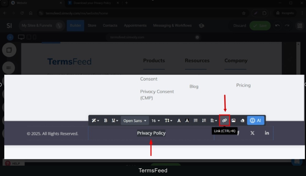 TermsFeed Simvoly - Builder menu - Text widget editor - Type Privacy Policy, select it, and go to the Link icon