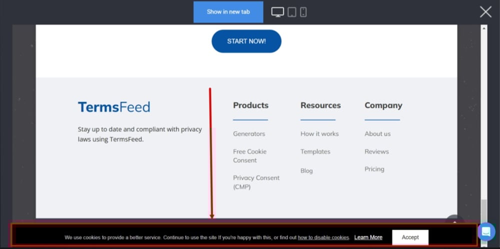 TermsFeed Simvoly - Builder menu - Website Preview - The Cookie Disclaimer banner displayed