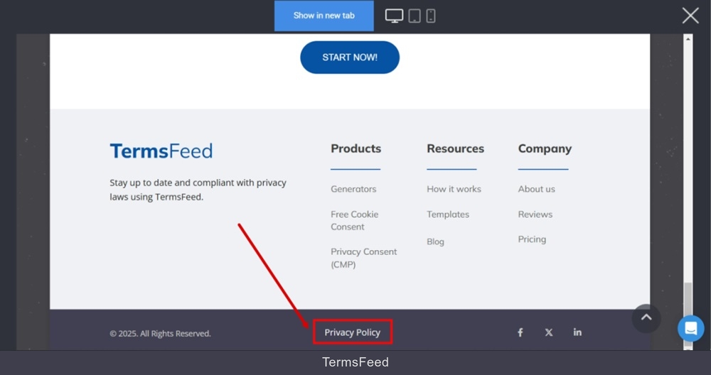 TermsFeed Simvoly - Builder - Website preview - Privacy Policy URL displayed