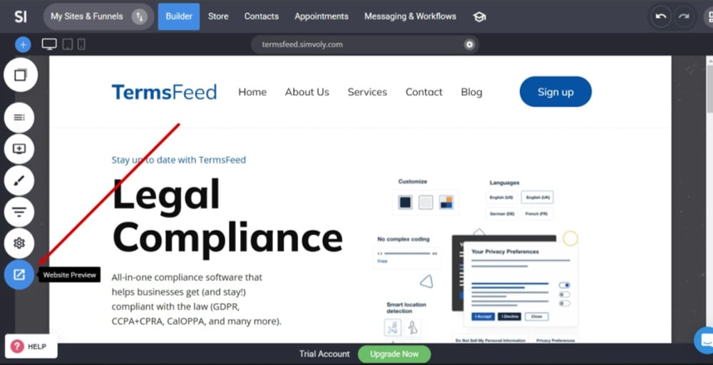 TermsFeed Simvoly - Builder menu - Website Preview