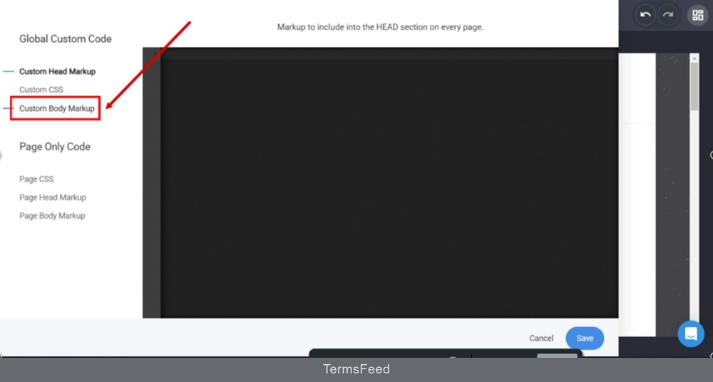 TermsFeed Simvoly - Builder menu - Website Settings - Custom code - Switch to the Custom Body Markup