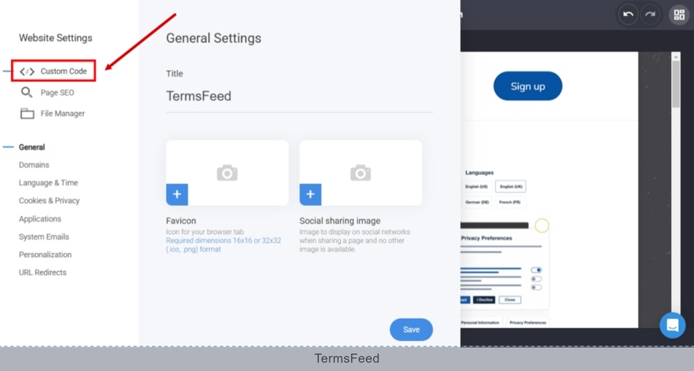 TermsFeed Simvoly - Builder menu - Website Settings - Custom code
