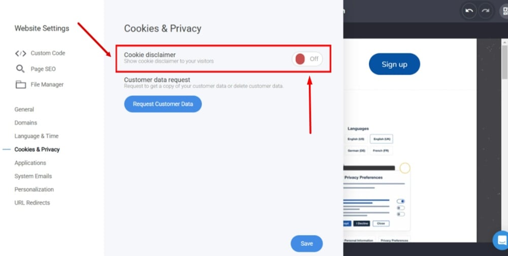 TermsFeed Simvoly - Builder menu - Website Settings - General - Cookies and Privacy - Set to OFF current status