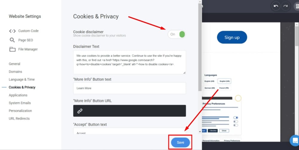 TermsFeed Simvoly - Builder menu - Website Settings - General - Cookies and Privacy - Set to ON - Save
