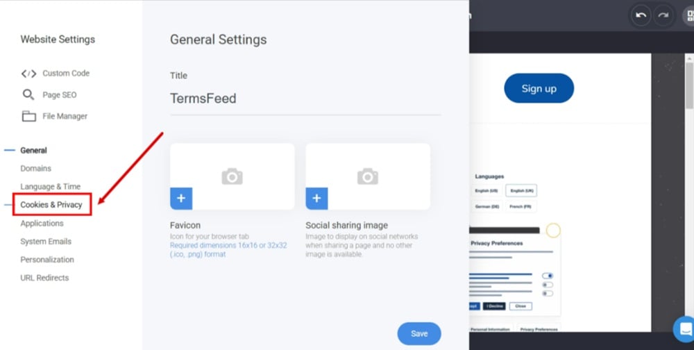 TermsFeed Simvoly - Builder menu - Website Settings - General - Cookies and Privacy