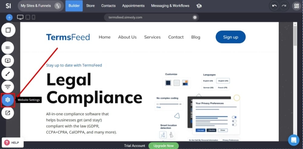 TermsFeed Simvoly - Builder menu - Website Settings